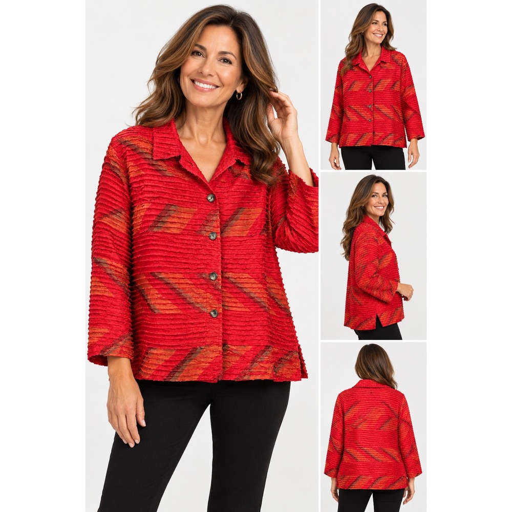Vintage Chico's Design 100% Silk Red Art to Wear Ribbon Weave Jacket Size 1